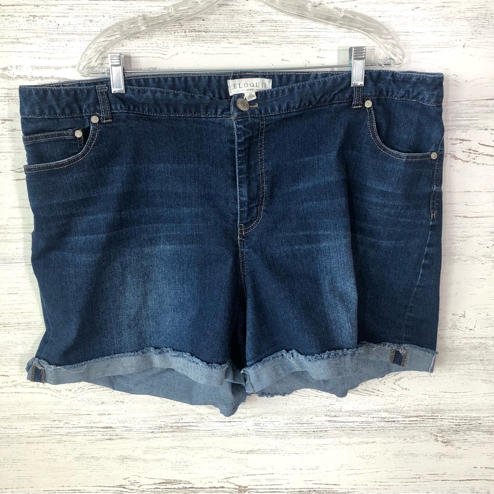 ELOQUII Stretch Denim Cuffed Raw Hem Shorts 22